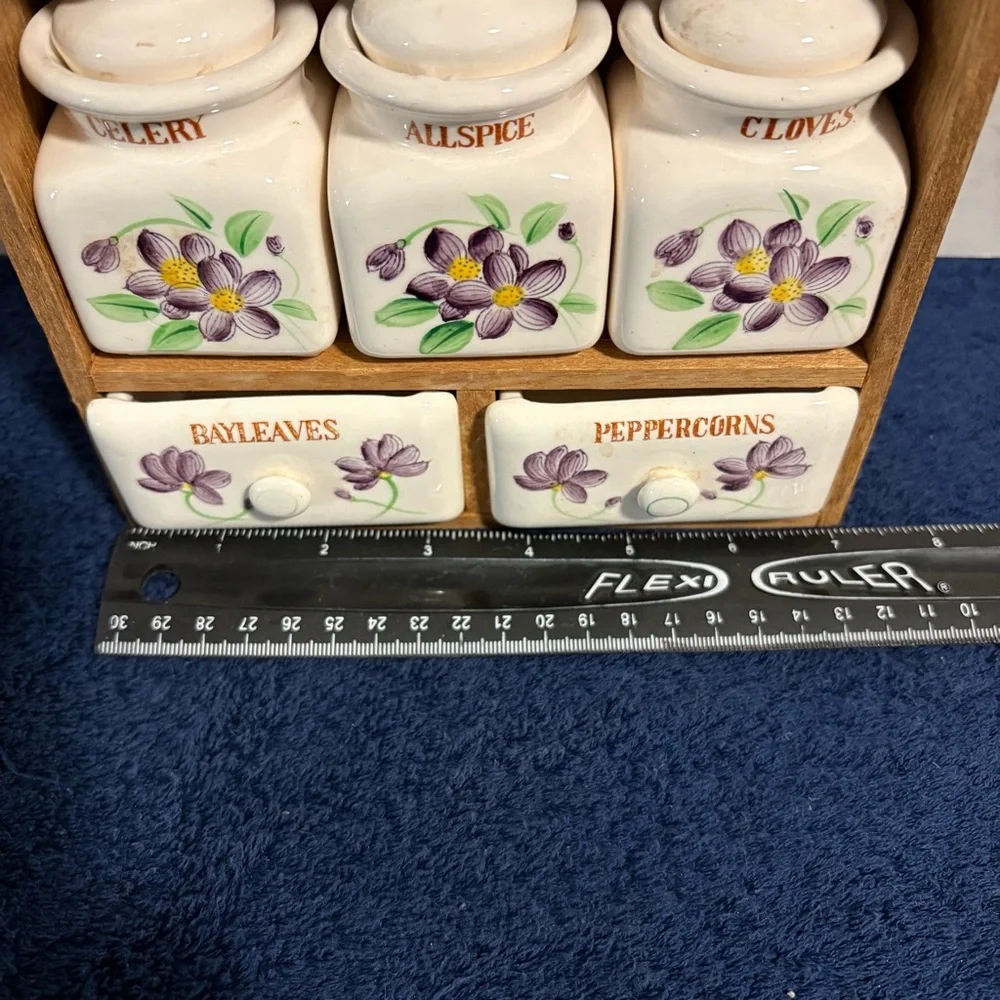 Vintage 8 Pc Ceramic Hand-Painted Floral Spice Container & Cubby Wood Rack Japan
